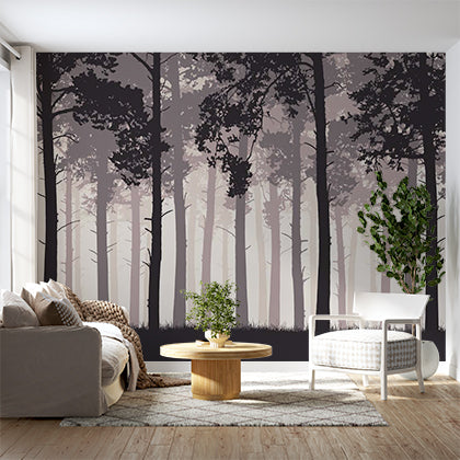 Custom Silhouette Forest Wall Mural Wallpaper - Mystical Trees in Foggy Woodland