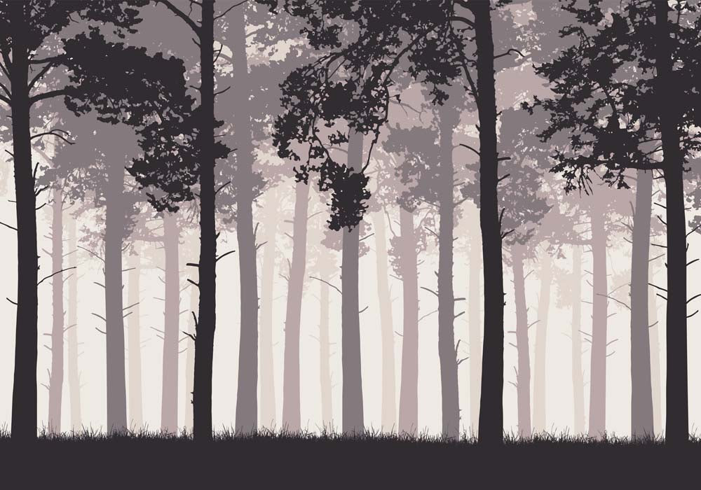 Fotobehang met bos-silhouetten – donkere boomstammen in roze mist