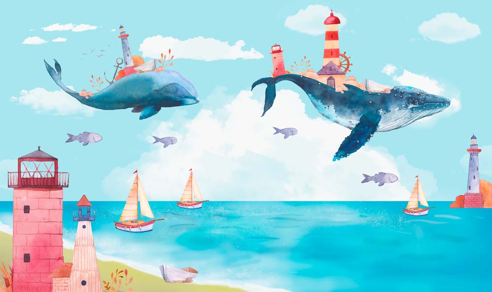 Kids Wall Mural Sea Side Flying Whale and Lighthouse Beach Wallpaper for Kids