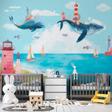 Kids Wall Mural Sea Side Flying Whale and Lighthouse Beach Wallpaper for Kids