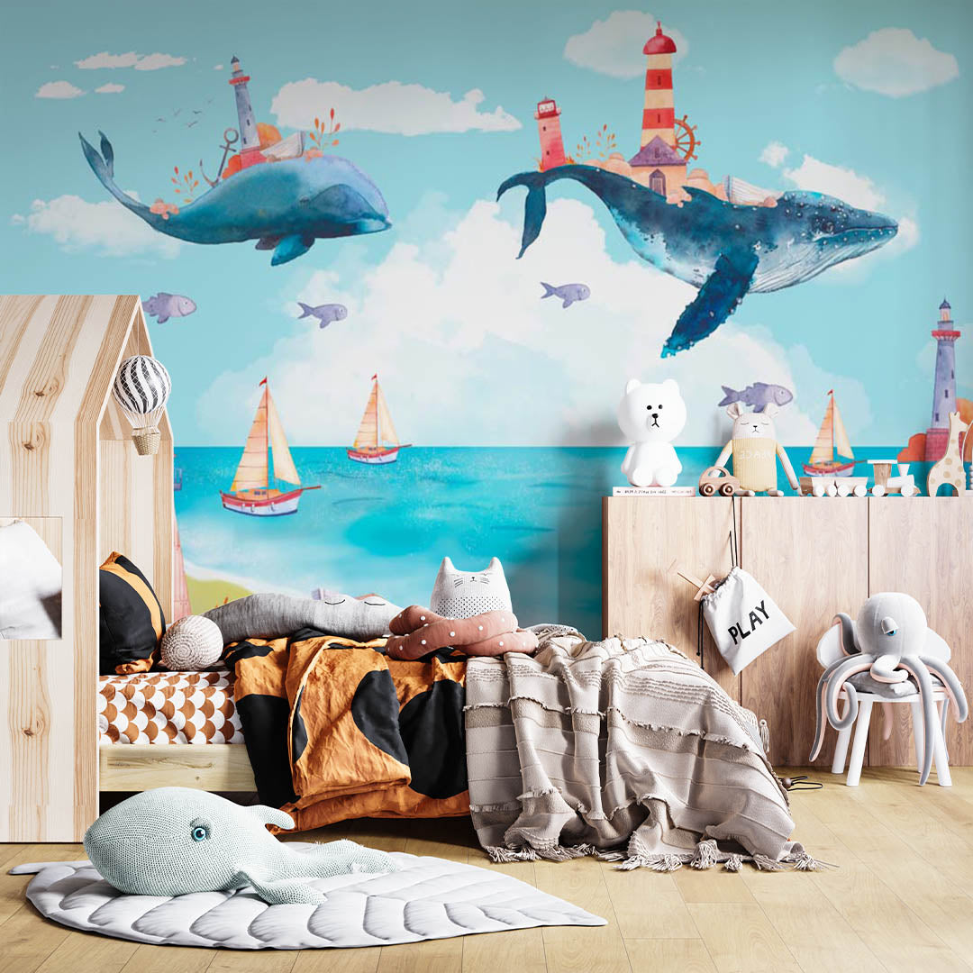 Kids Wall Mural Sea Side Flying Whale and Lighthouse Beach Wallpaper for Kids