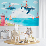 Kids Wall Mural Sea Side Flying Whale and Lighthouse Beach Wallpaper for Kids