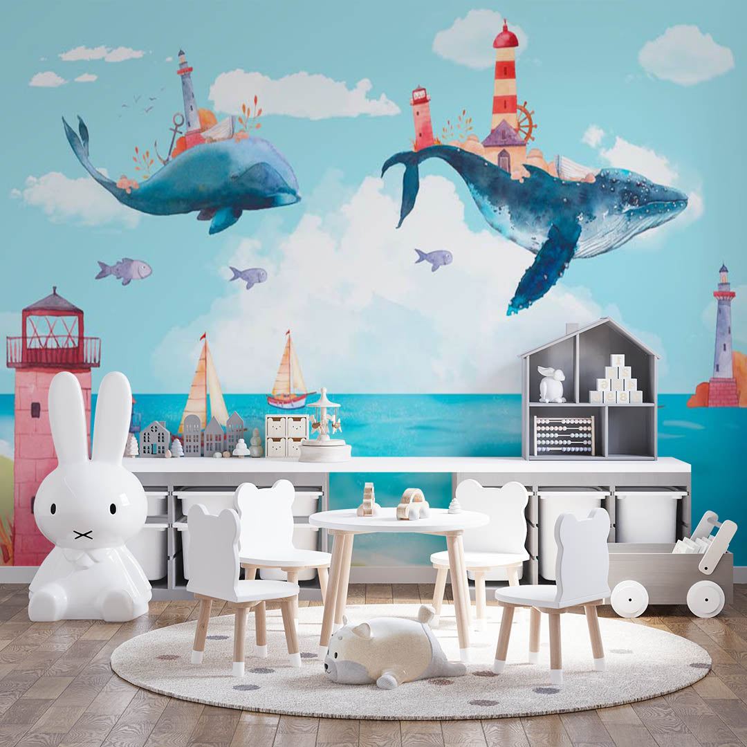 Kids Wall Mural Sea Side Flying Whale and Lighthouse Beach Wallpaper for Kids