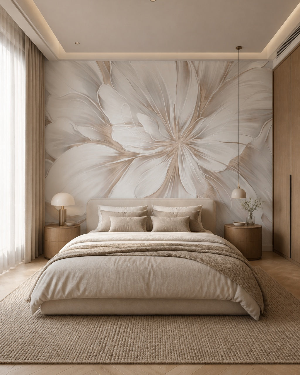 Oversized white flower wallpaper in a calm neutral bedroom.