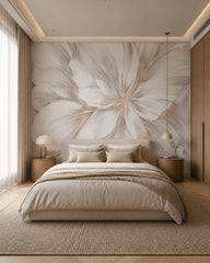Oversized white flower wallpaper in a calm neutral bedroom.
