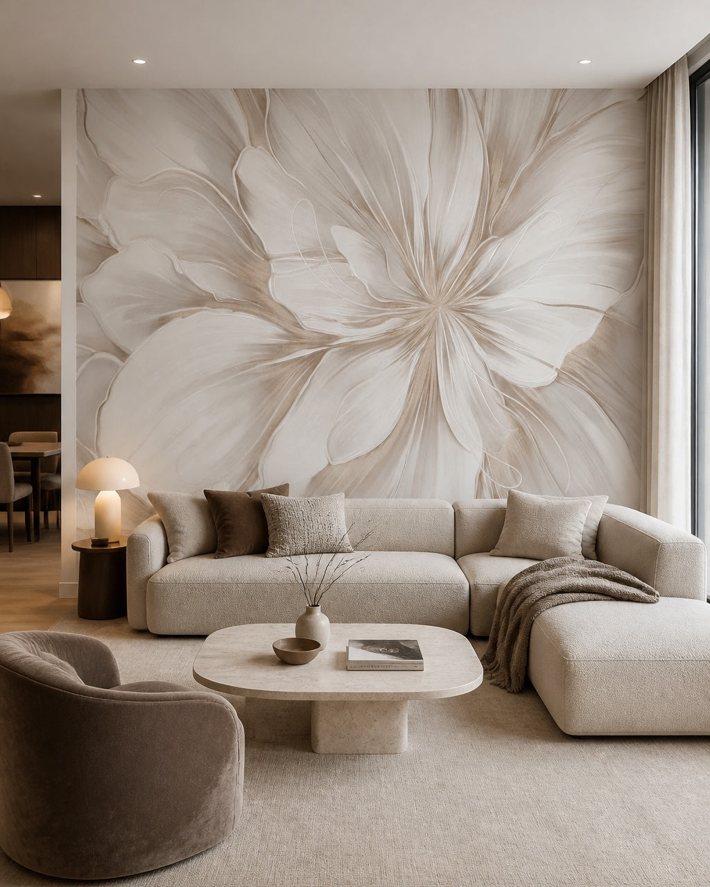 Oversized white flower wallpaper in a modern living room.