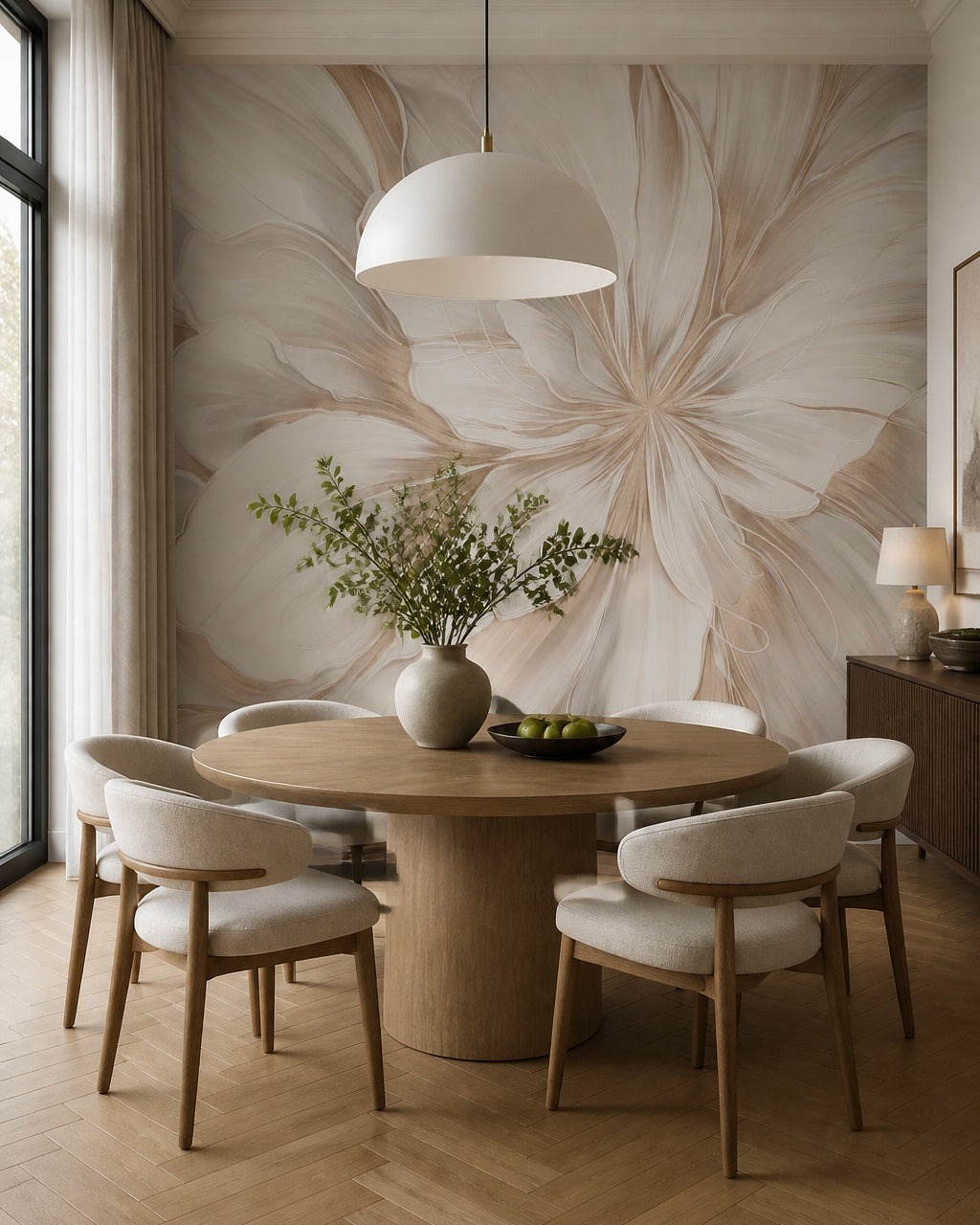 Oversized white flower wallpaper in a dining room with a round table.