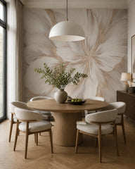 Oversized white flower wallpaper in a dining room with a round table.