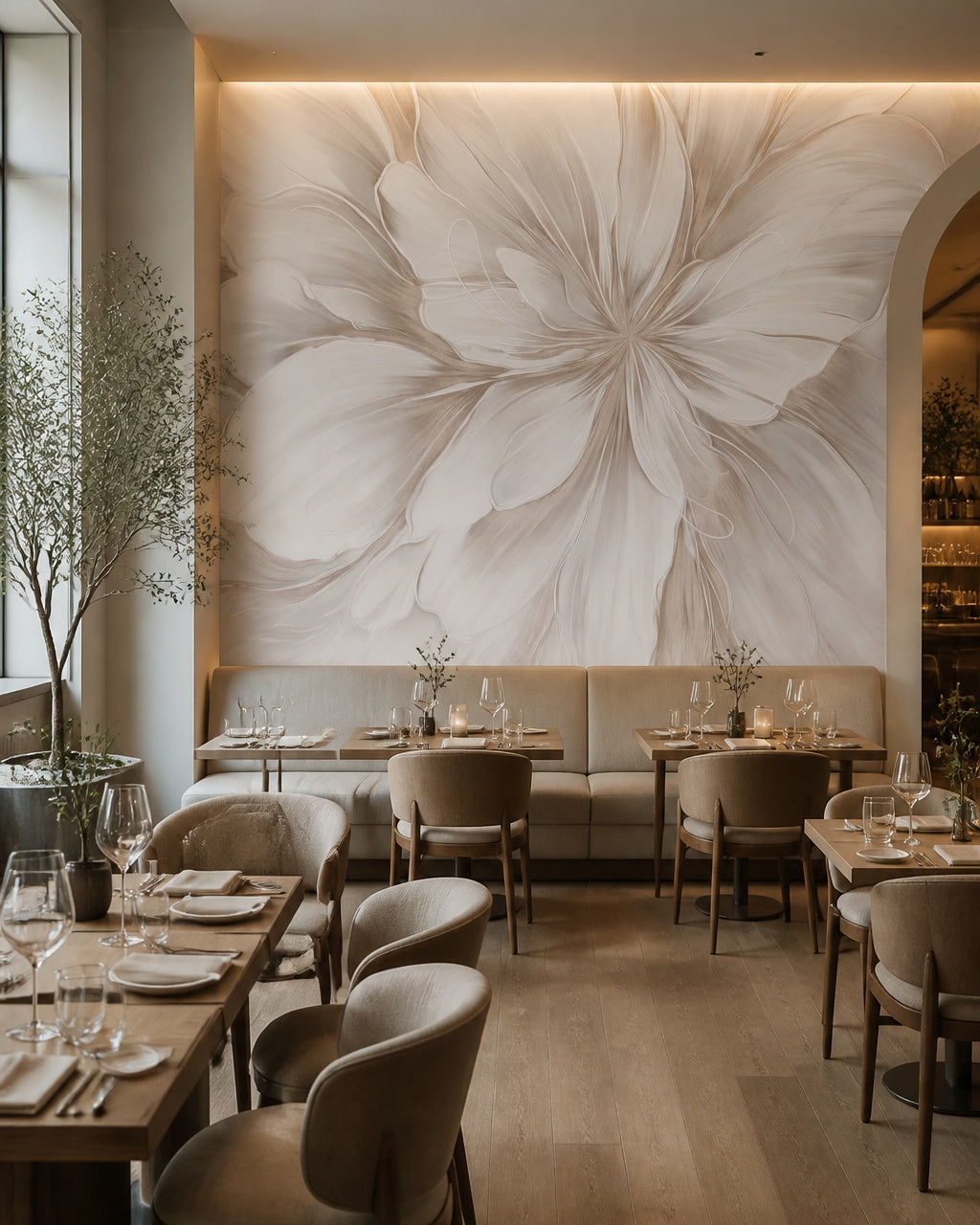 Oversized white flower wallpaper in a restaurant interior.