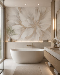 Oversized white flower wallpaper in a bathroom.