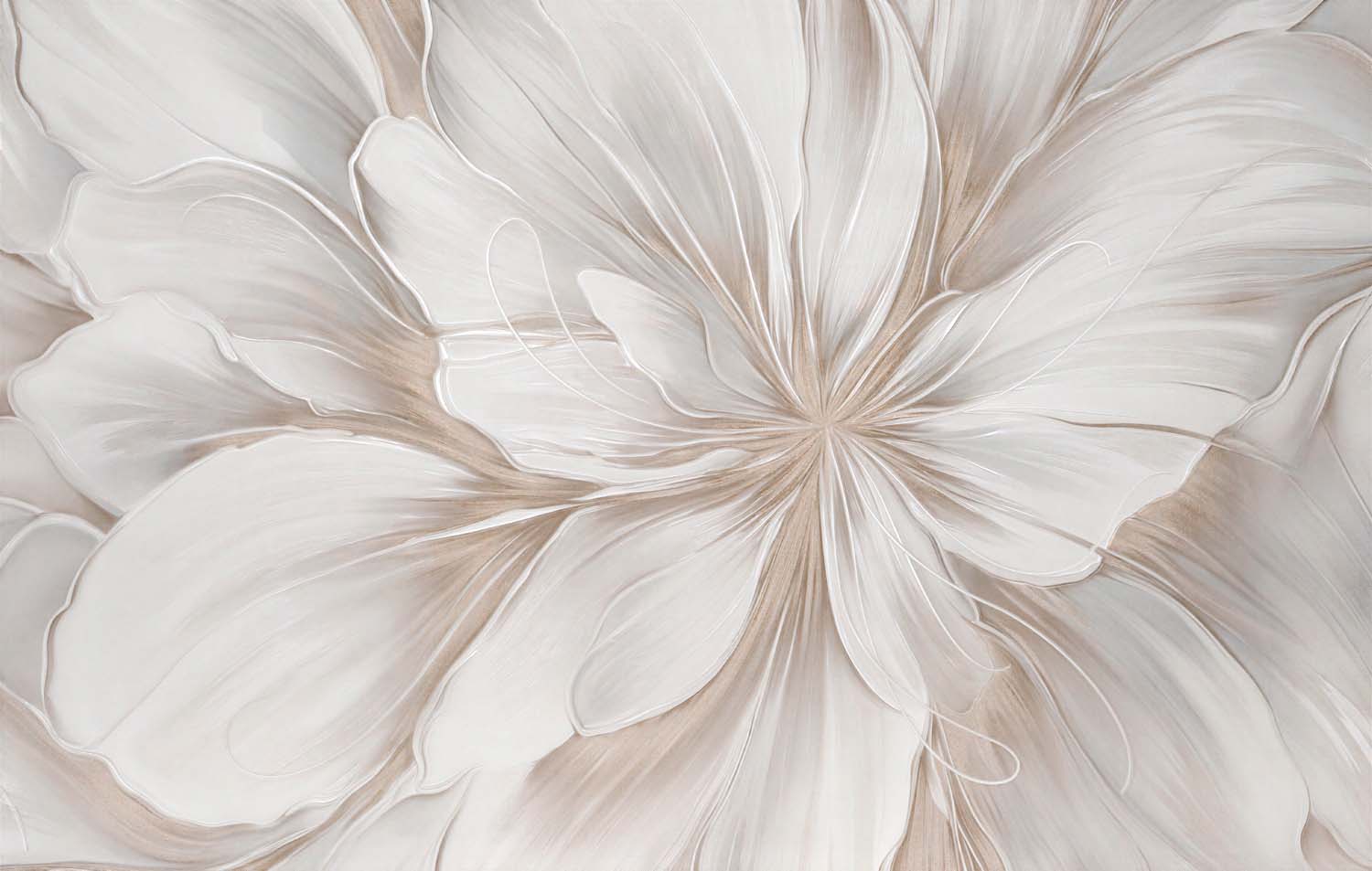 Wallpaper with an oversized soft white flower with delicate beige petal lines.