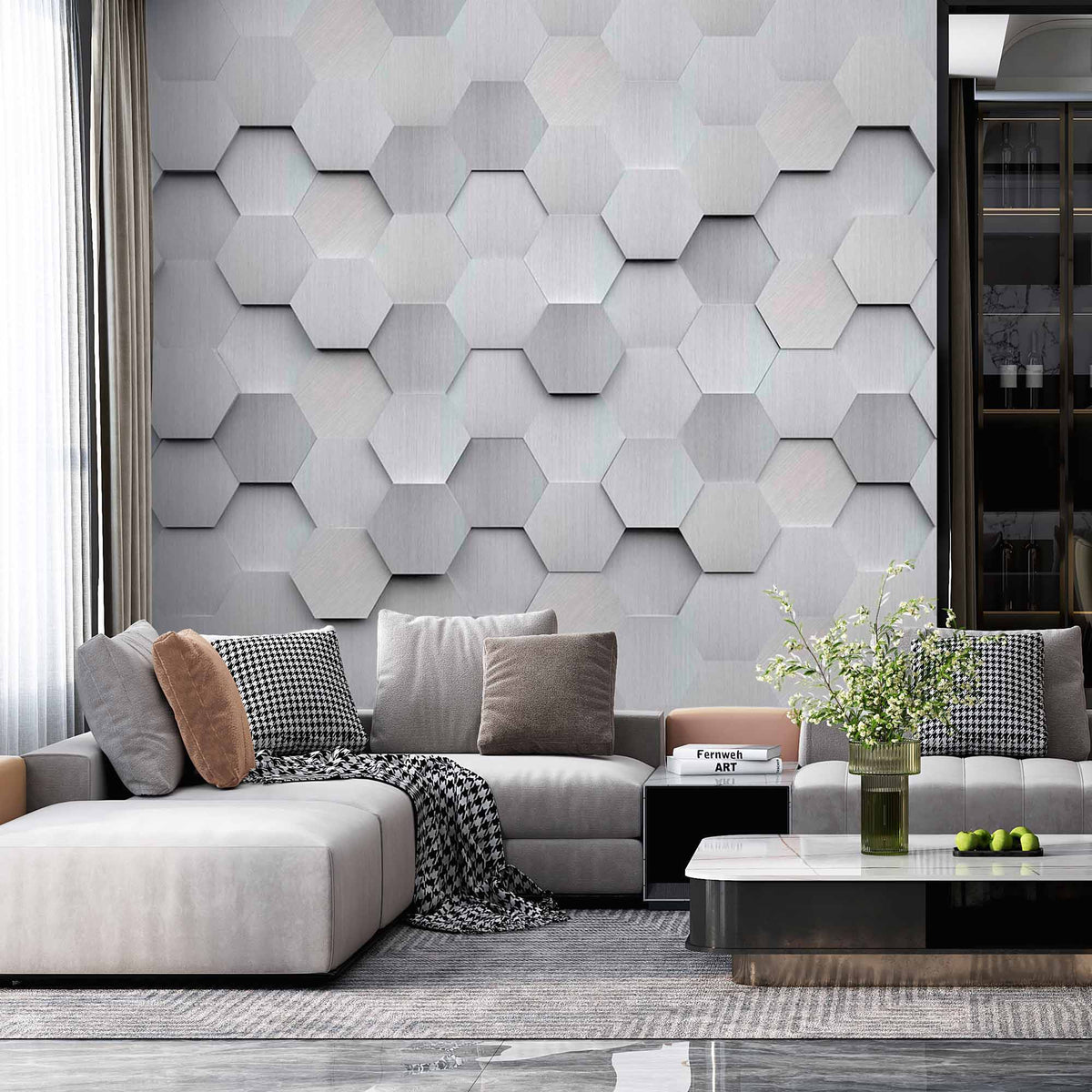 3D Brushed Metal Hexagon Wallpaper