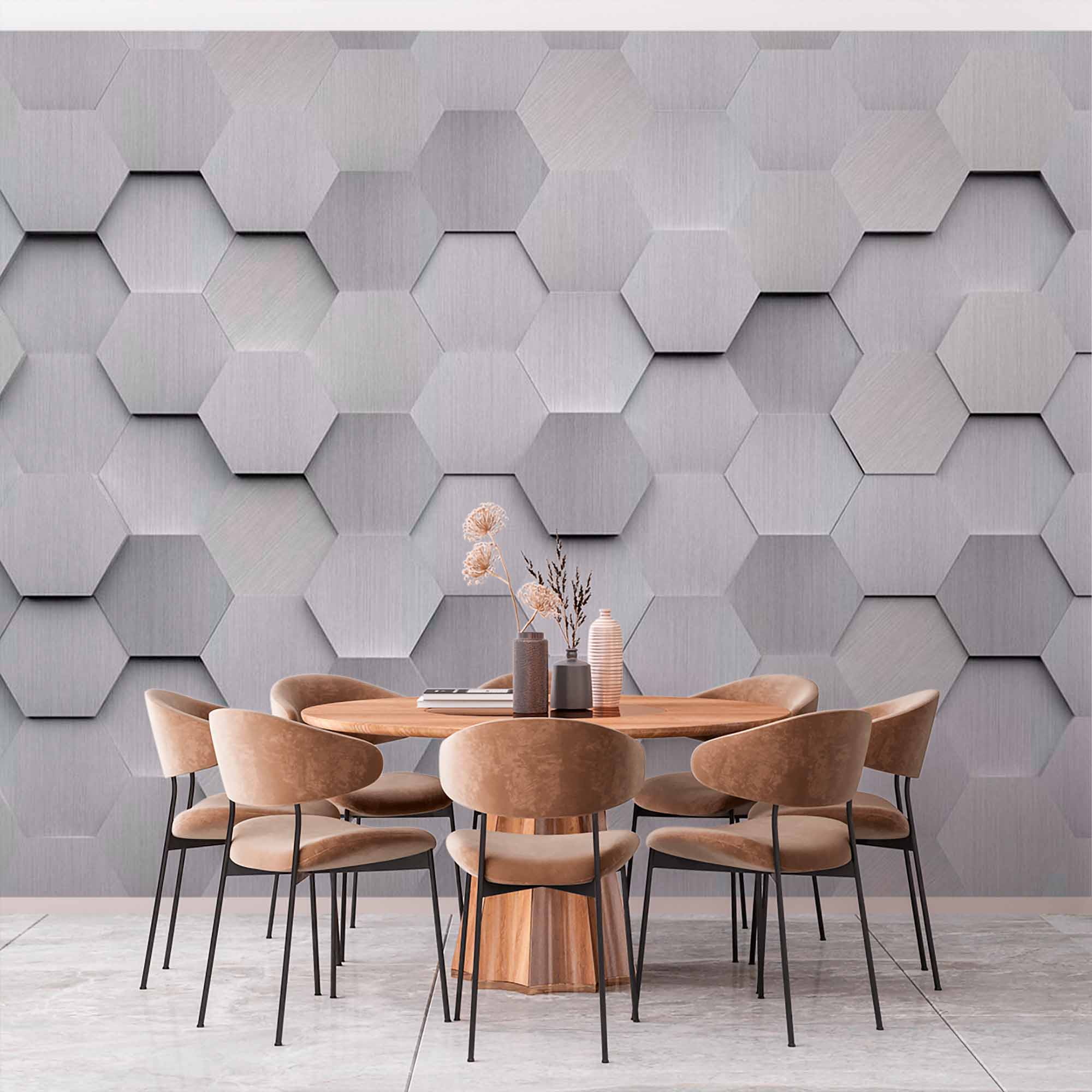 3D Brushed Metal Hexagon Wallpaper