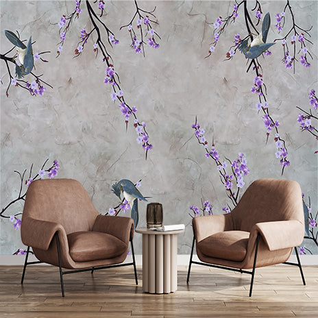 Gray Background with Purple Flowers and Birds Wall Mural Wallpaper