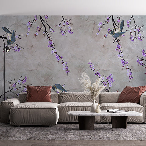 Gray Background with Purple Flowers and Birds Wall Mural Wallpaper