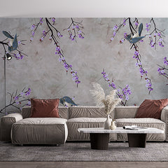 Custom Gray Background with Purple Flowers and Birds Wall Mural Wallpaper