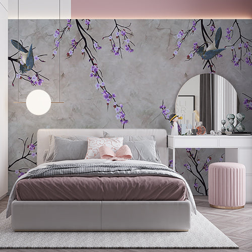 Gray Background with Purple Flowers and Birds Wall Mural Wallpaper