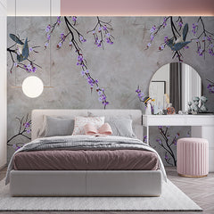 Custom Gray Background with Purple Flowers and Birds Wall Mural Wallpaper