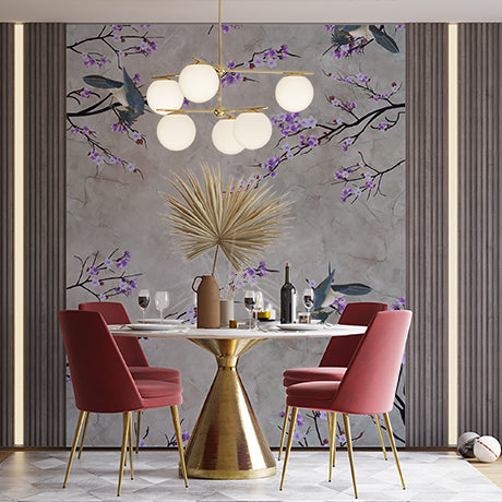 Gray Background with Purple Flowers and Birds Wall Mural Wallpaper