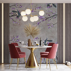 Custom Gray Background with Purple Flowers and Birds Wall Mural Wallpaper