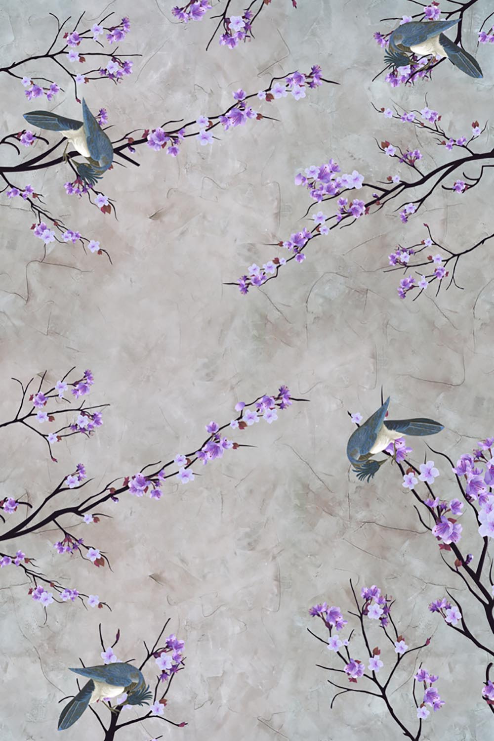 Gray Background with Purple Flowers and Birds Wall Mural Wallpaper