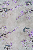 Gray Background with Purple Flowers and Birds Wall Mural Wallpaper