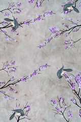 Custom Gray Background with Purple Flowers and Birds Wall Mural Wallpaper