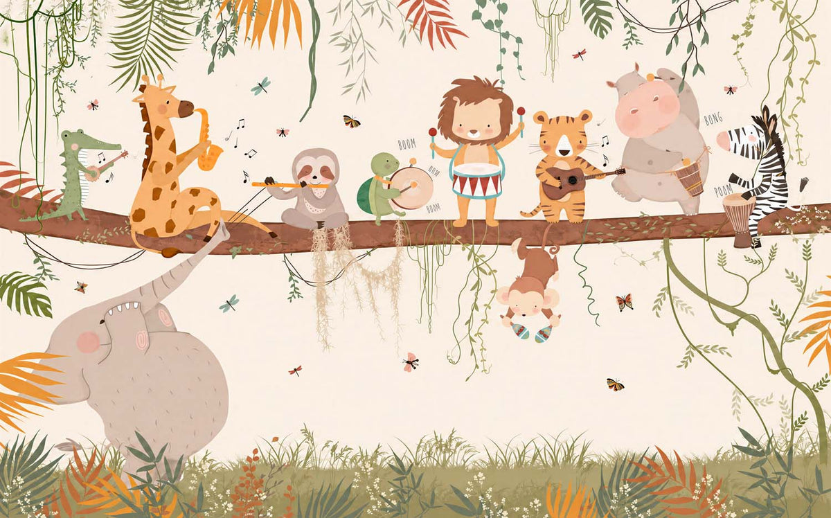 Tapete Dschungelorchester – Kinderwandbild mit musizierenden Tieren auf einem Ast