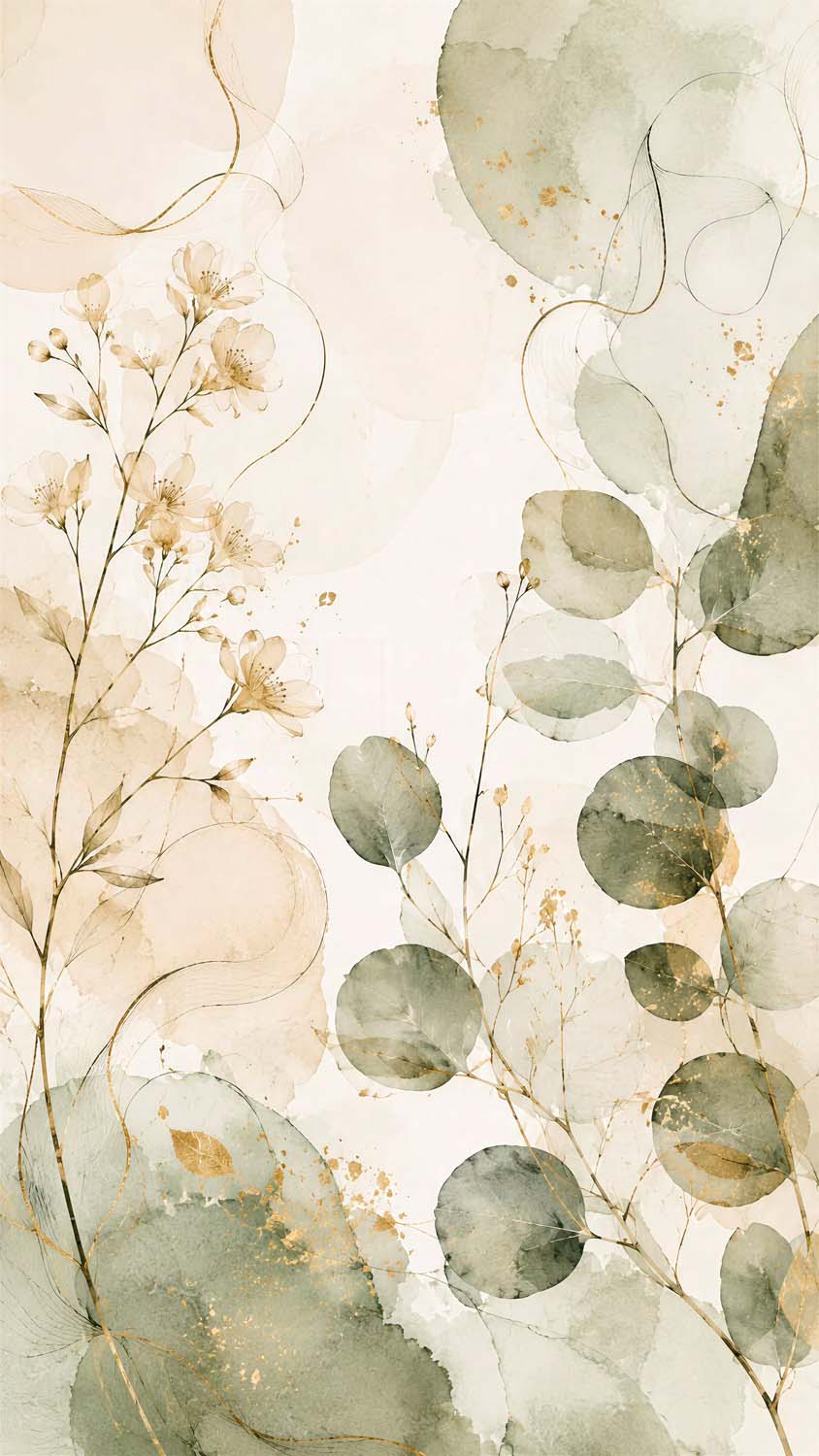 Aquarel eucalyptus behang – saliebladeren en gouden bloesemtakken