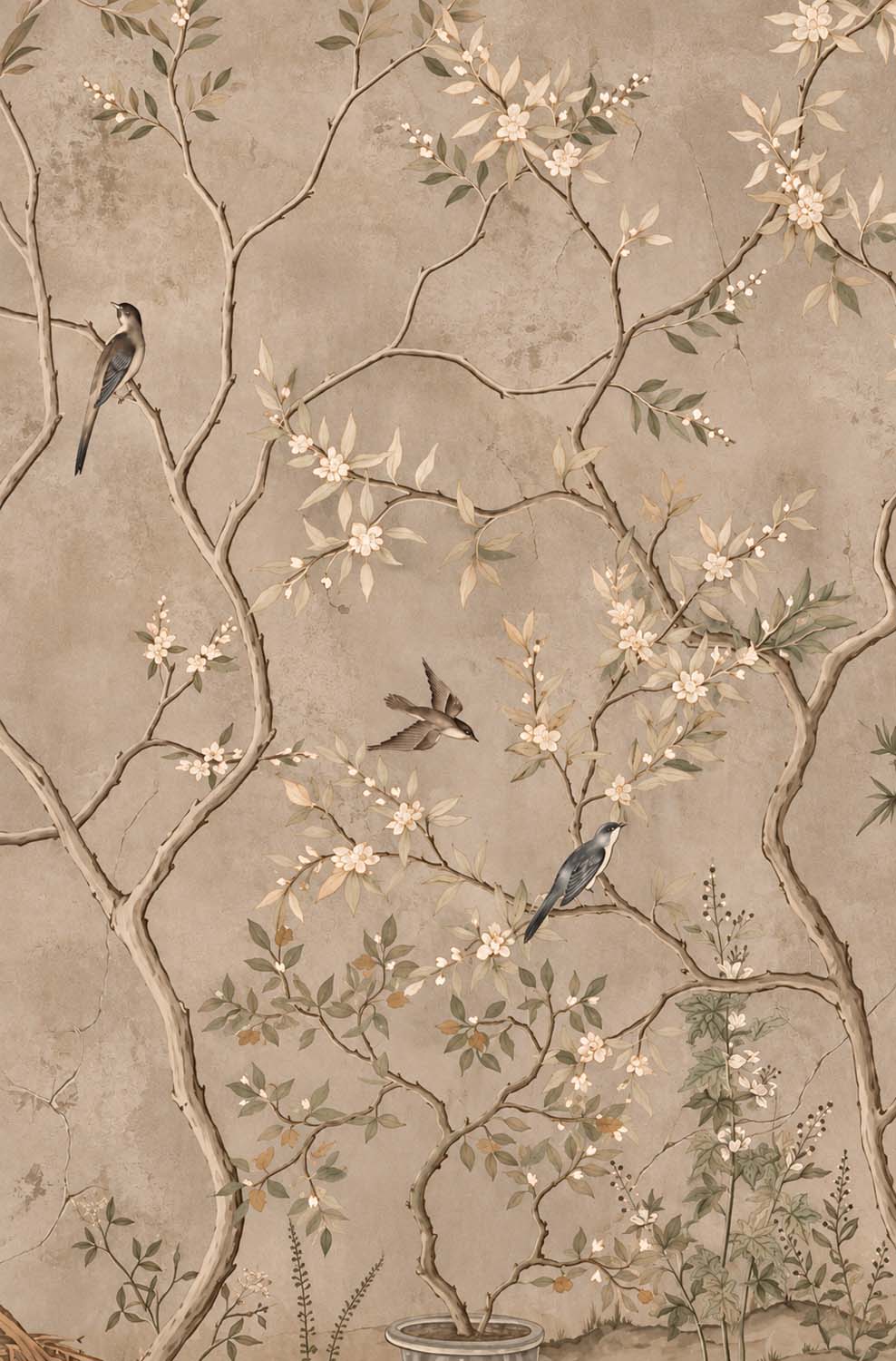 Tapete Beige Chinoiserie – Blütenzweige und Vögel, Wandbild