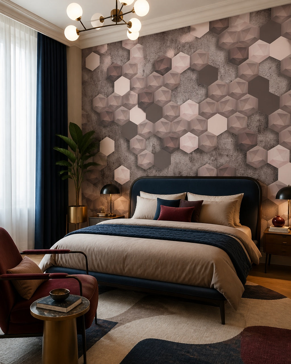 Pink and grey 3D hexagon wallpaper in a designer bedroom.