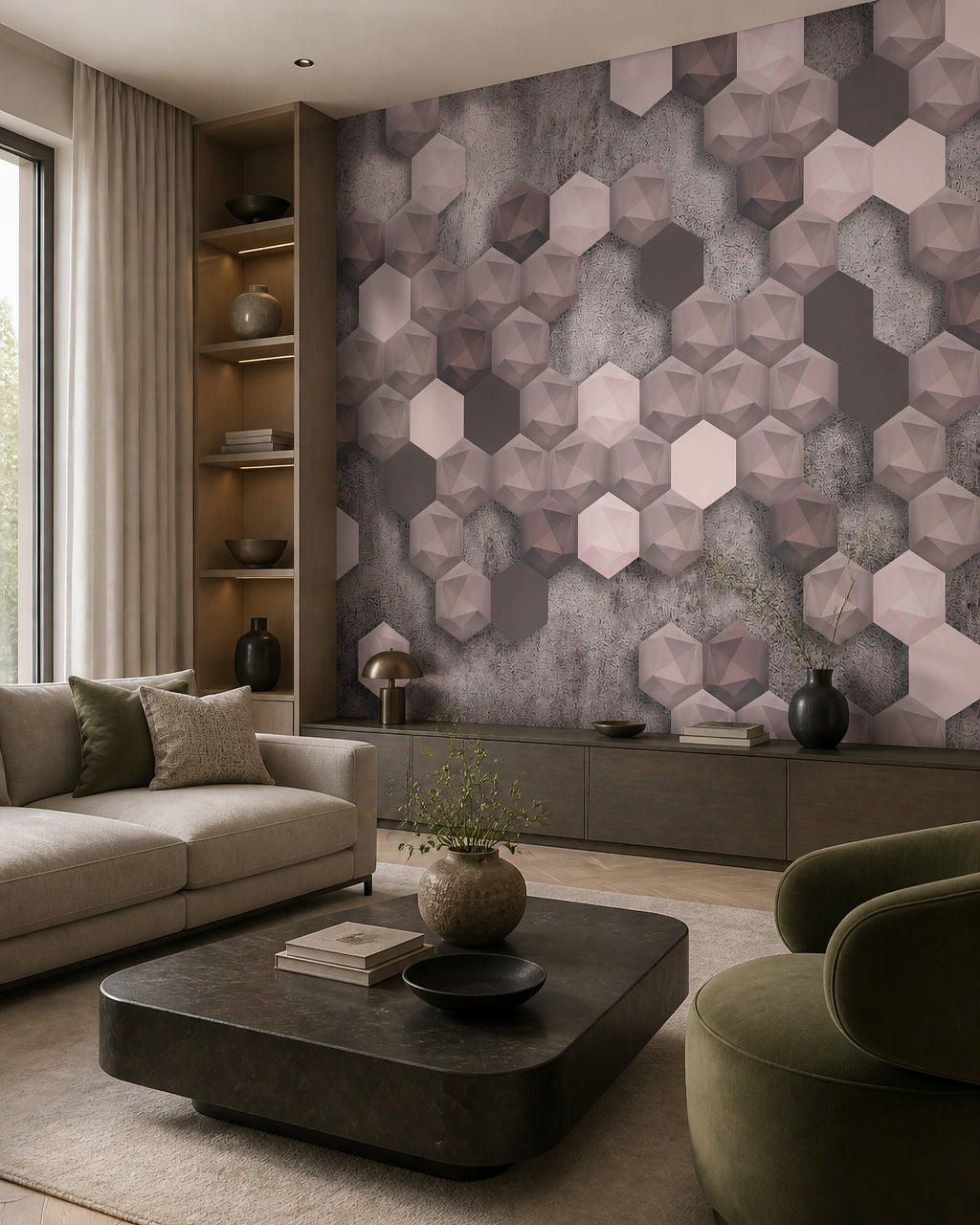 Pink and grey 3D hexagon wallpaper in a designer living room.