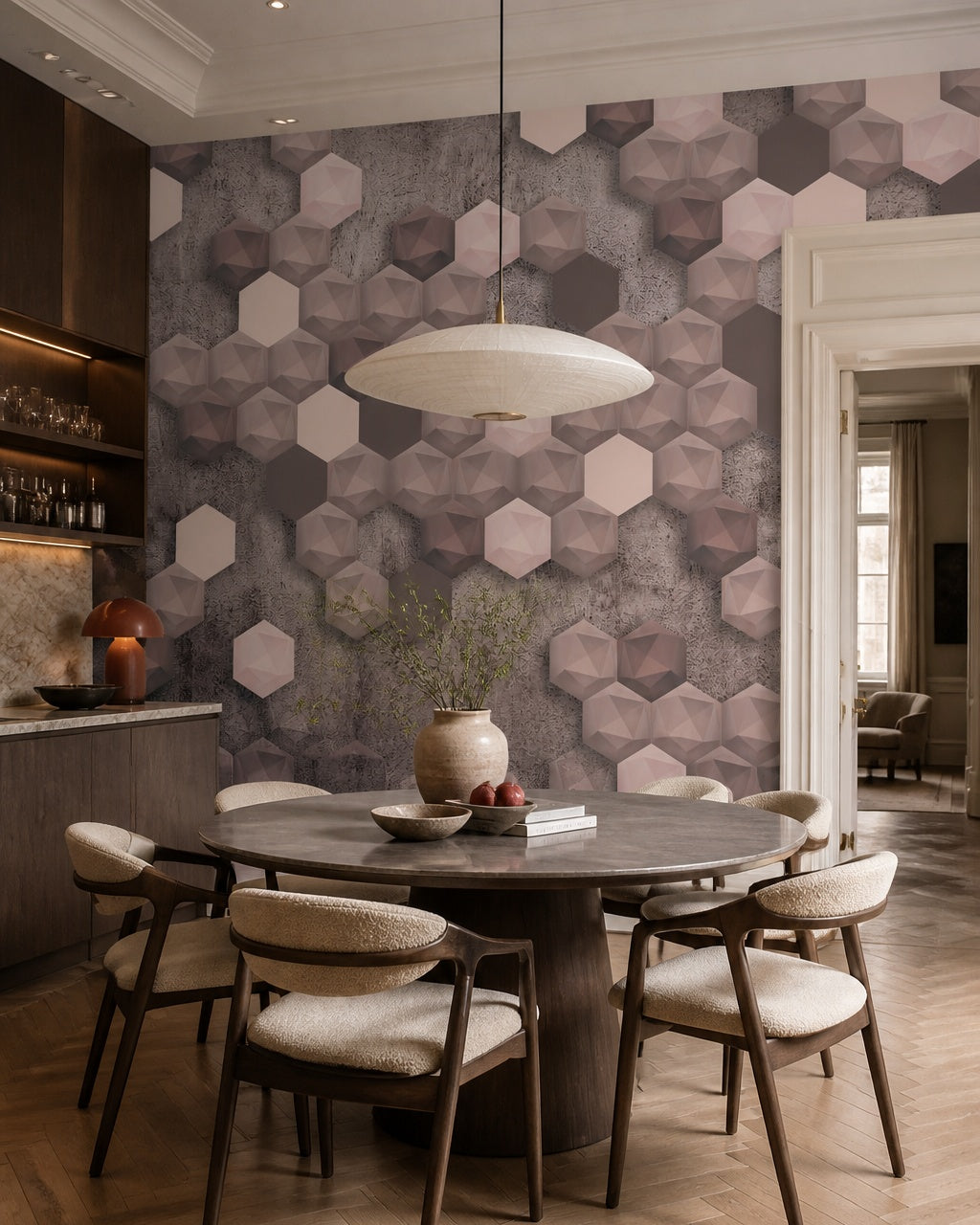 Pink and grey 3D hexagon wallpaper in a refined dining area.