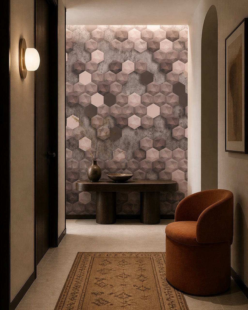 Pink and grey 3D hexagon wallpaper in an architectural hallway.