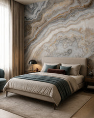 Gray onyx & amber veins stone wall mural in a designer bedroom.