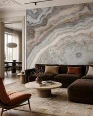 Gray onyx & amber veins stone wall mural in a designer living room.