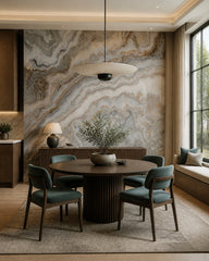 Gray onyx & amber veins stone wall mural in a refined dining area.