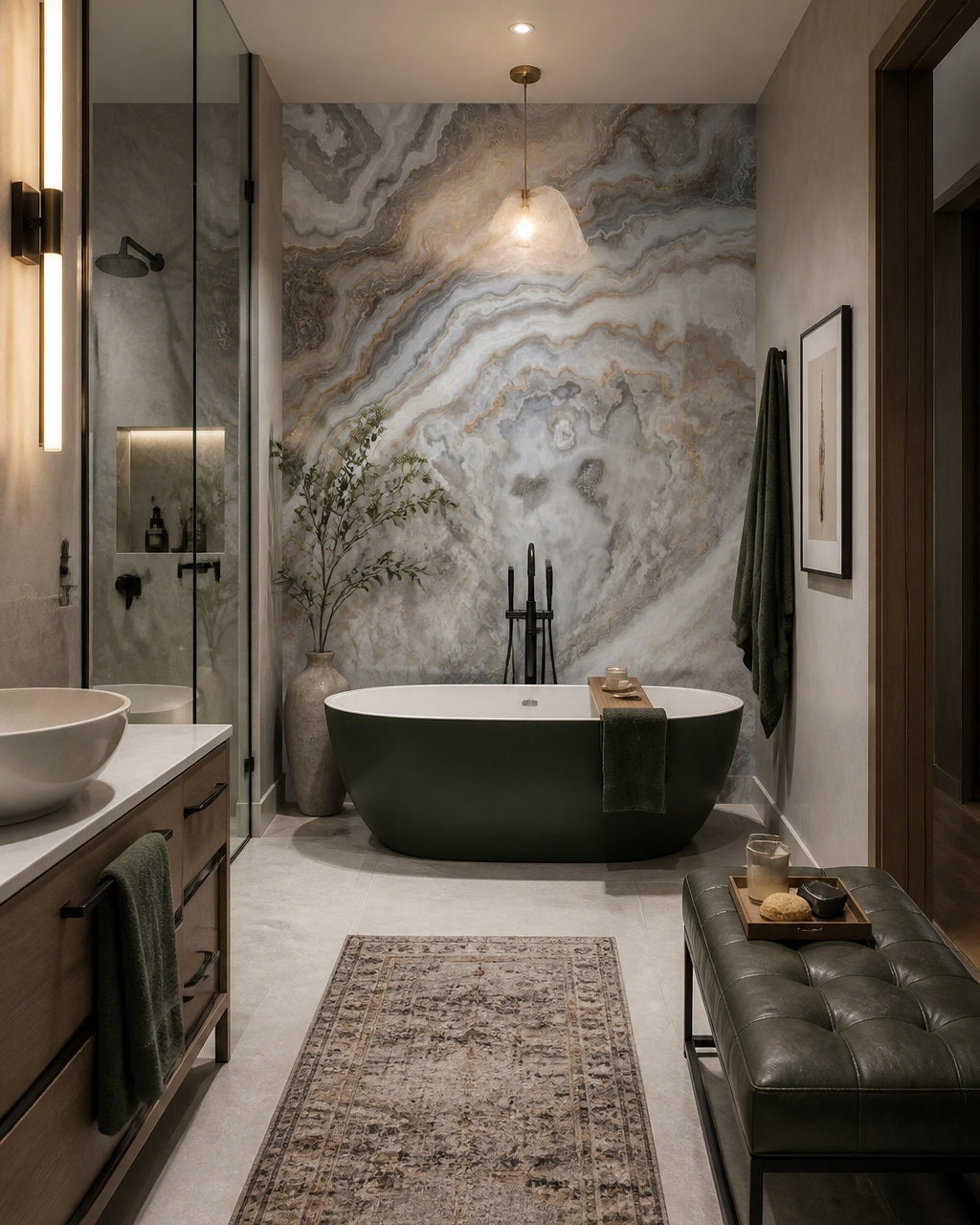 Gray onyx & amber veins stone wall mural in a luxury bathroom.