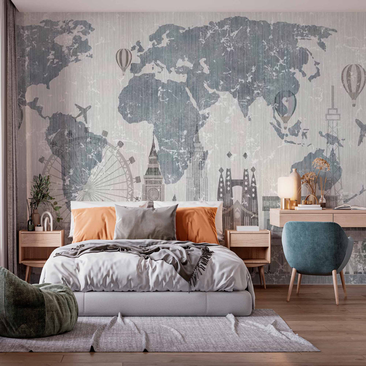 Custom Whimsical World Map Wall Mural Wallpaper with Famous Landmarks and Vintage Travel Theme