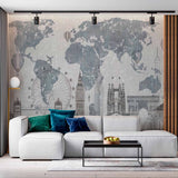 Whimsical World Map Wall Mural Wallpaper with Famous Landmarks and Vintage Travel Theme