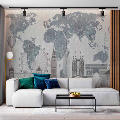 Custom Whimsical World Map Wall Mural Wallpaper with Famous Landmarks and Vintage Travel Theme