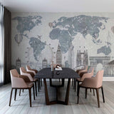 Whimsical World Map Wall Mural Wallpaper with Famous Landmarks and Vintage Travel Theme