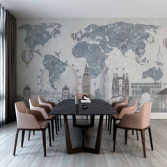 Custom Whimsical World Map Wall Mural Wallpaper with Famous Landmarks and Vintage Travel Theme