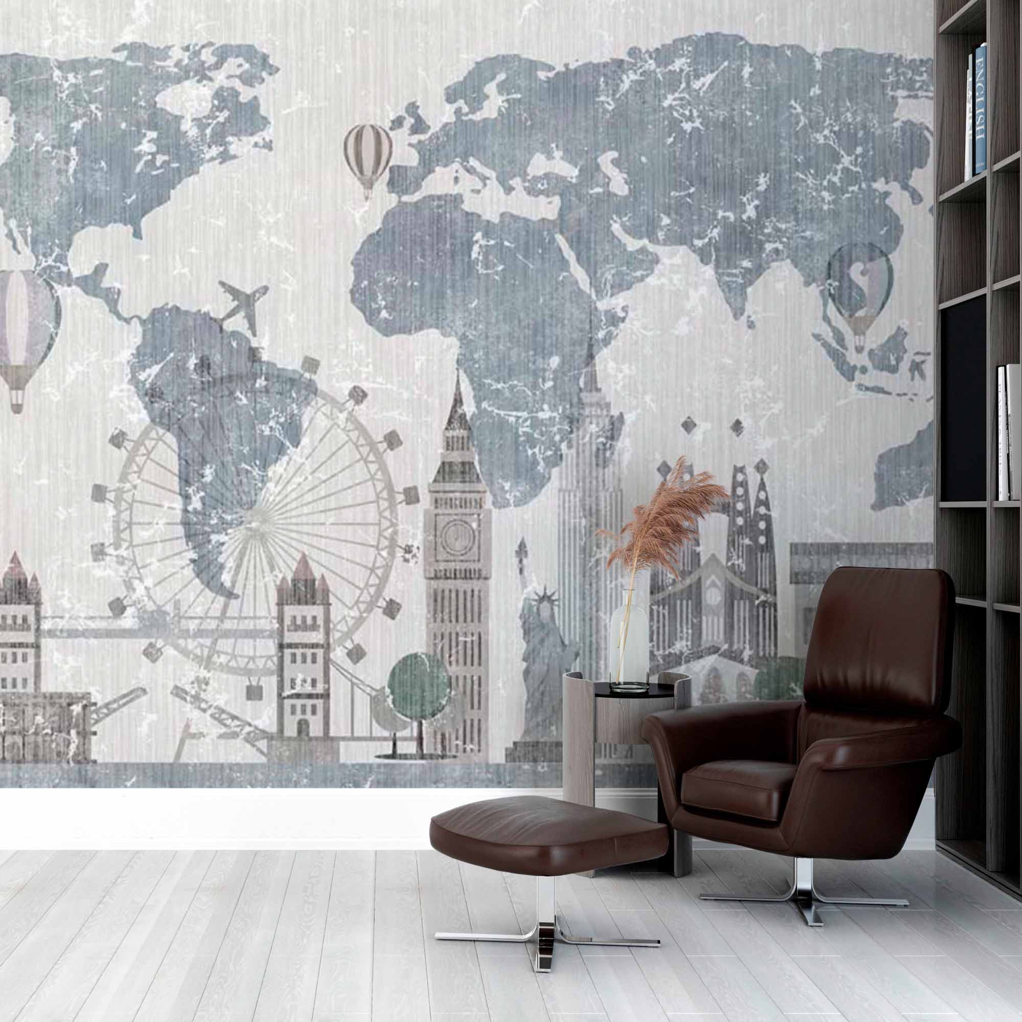 Whimsical World Map Wall Mural Wallpaper with Famous Landmarks and Vintage Travel Theme