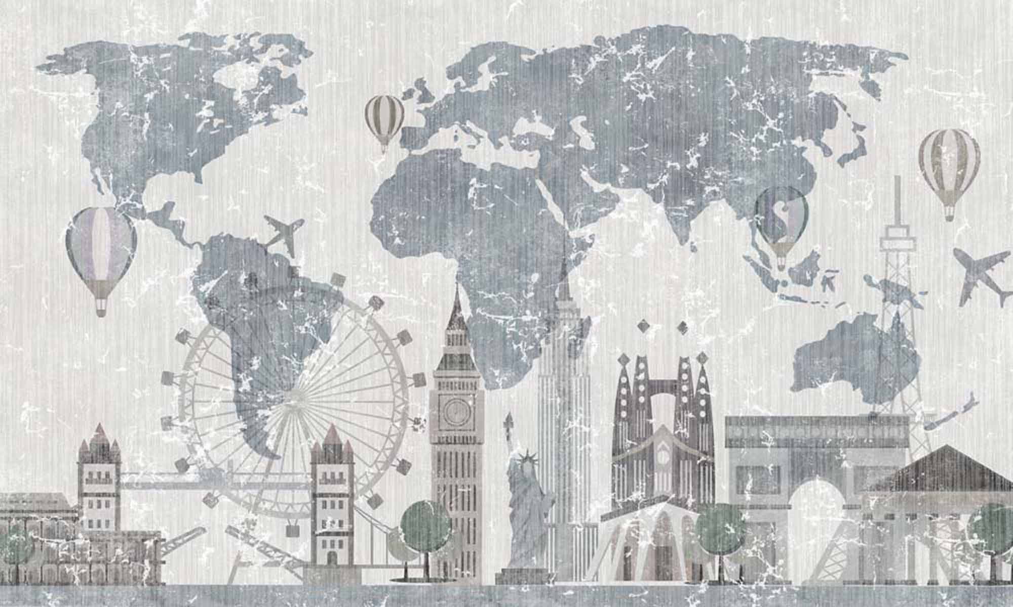 Whimsical World Map Wall Mural Wallpaper with Famous Landmarks and Vintage Travel Theme