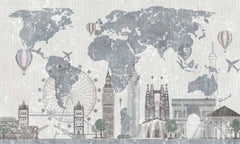 Custom Whimsical World Map Wall Mural Wallpaper with Famous Landmarks and Vintage Travel Theme