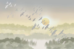 Custom Elegant Sunrise Bird Migration Wall Mural Wallpaper