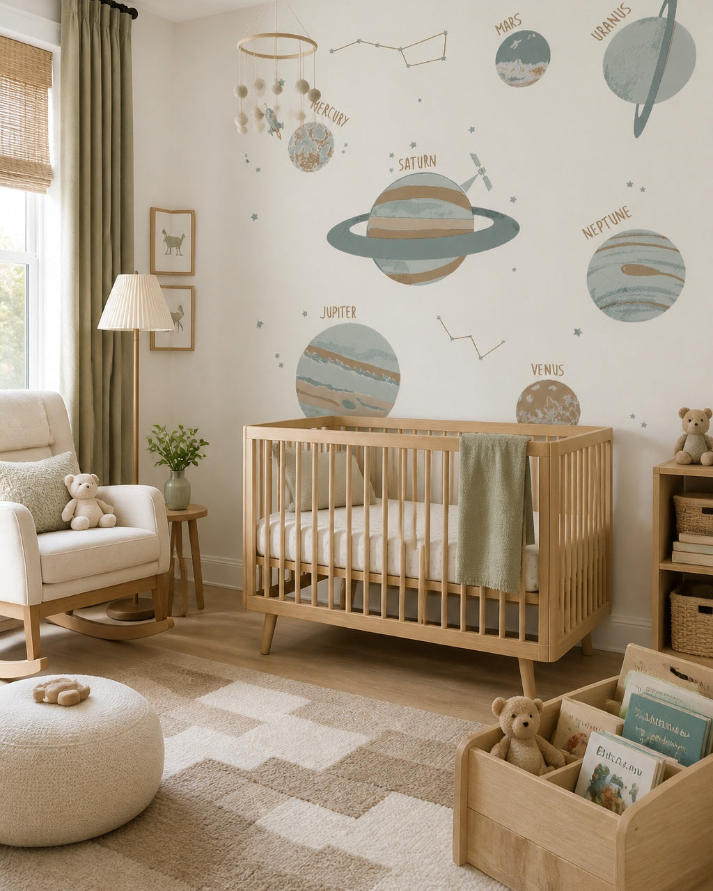 Solar system wallpaper in a modern nursery with a crib.
