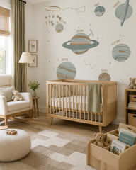 Solar system wallpaper in a modern nursery with a crib.