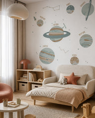 Solar system wallpaper in a toddler bedroom with a child-sized bed.